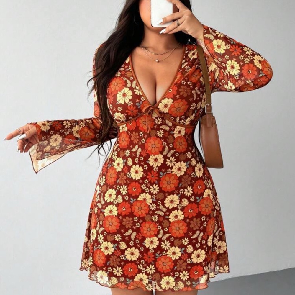 SHEIN Red and Orange Floral Mini Dress